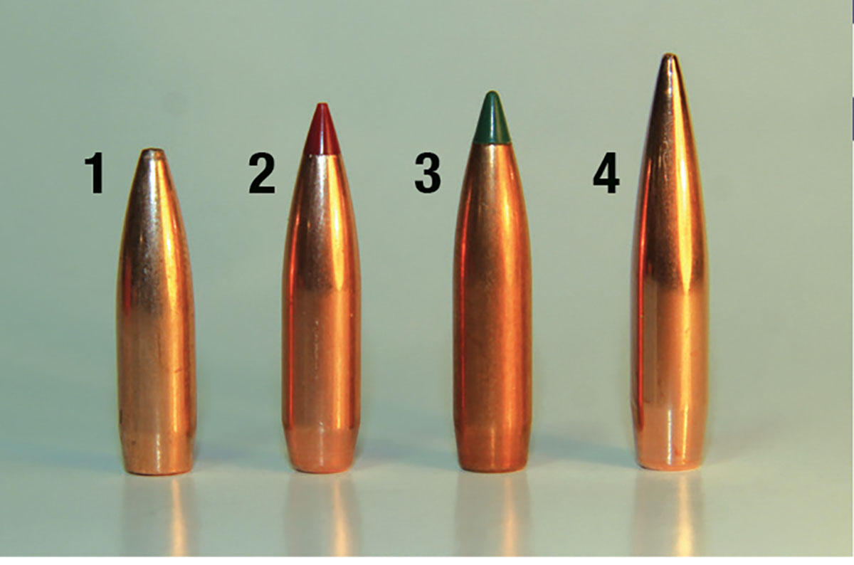 Bullets chosen for the author’s experimental loads consisted of (1) Barnes’ 69-grain Match Burners, (2) Hornady’s 73-grain ELD Match, (3) Sierra’s 77-grain Tipped MatchKing and (4) Berger’s 85.5-grain Long Range Hybrid Target. All expand aggressively on burrowing rodents.